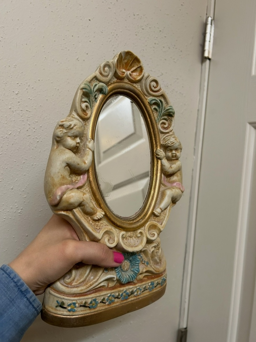 Small Ornate Cherub Tabletop Mirror in Cream and Gold